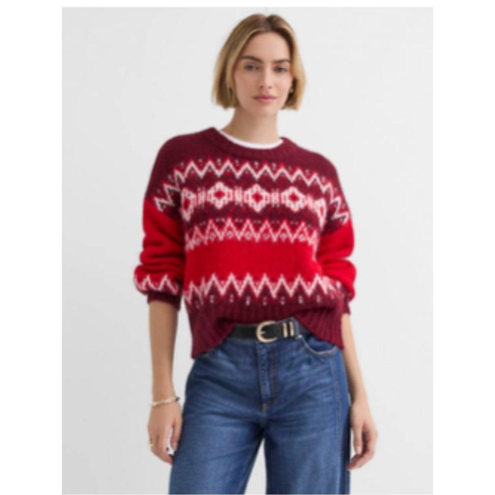 LOFT Sweater Women's S Red Burgundy Fair Isle Fuzzy Crew Neck Slouchy Pullover